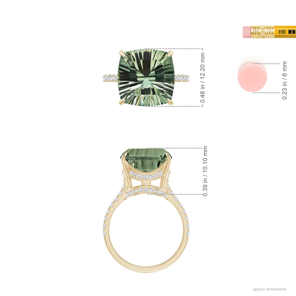12.14x12.13x7.95mm AAA GIA Certified Cushion Green Amethyst Ring with Diamonds in Yellow Gold ruler