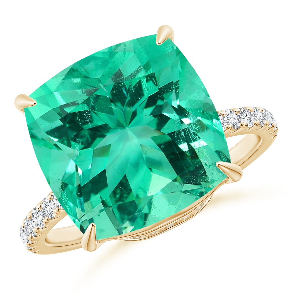 11.75x11.71x8.53mm AA GIA Certified Cushion Columbian Emerald Ring with Diamonds in Yellow Gold