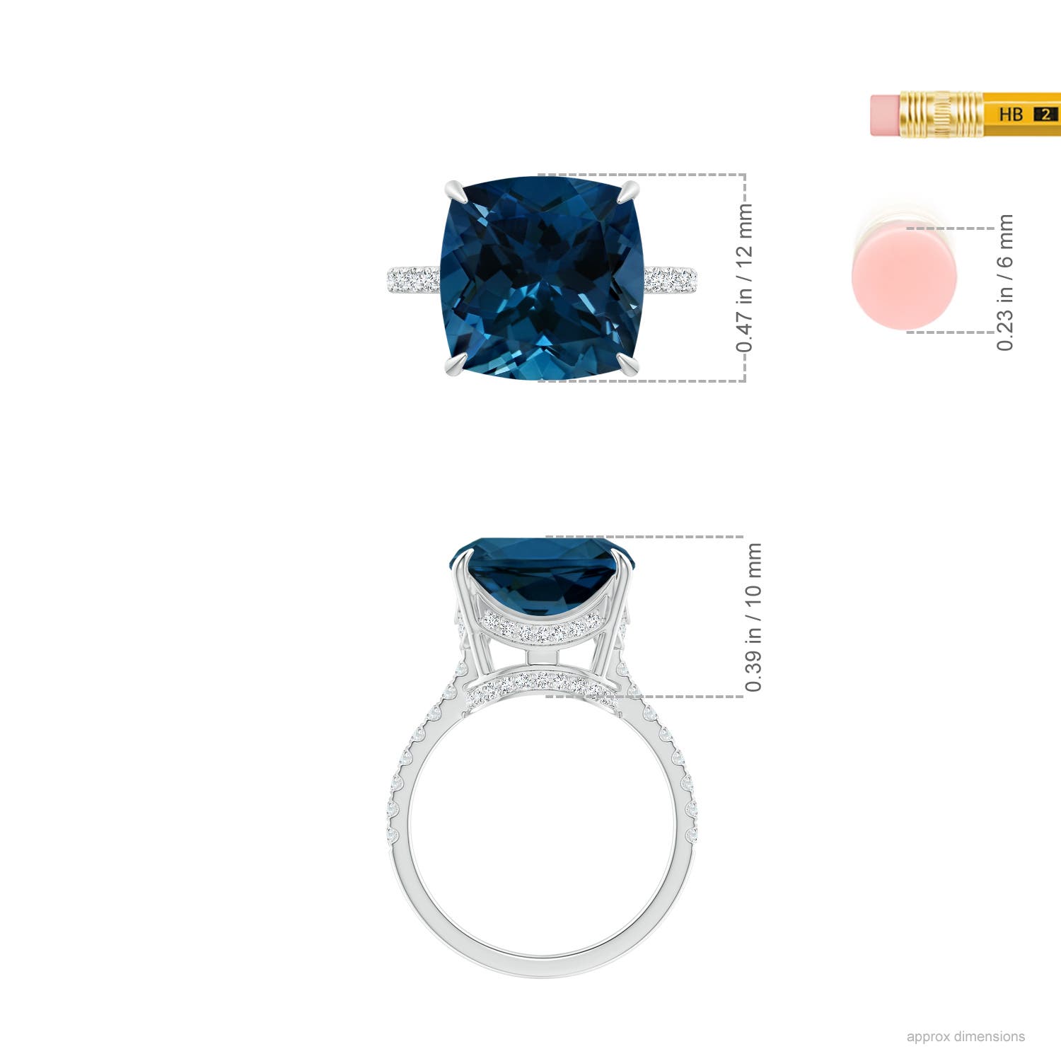 12.14x12.14x8.42mm AAA GIA Certified Cushion London Blue Topaz Ring with Diamonds in White Gold - ruler