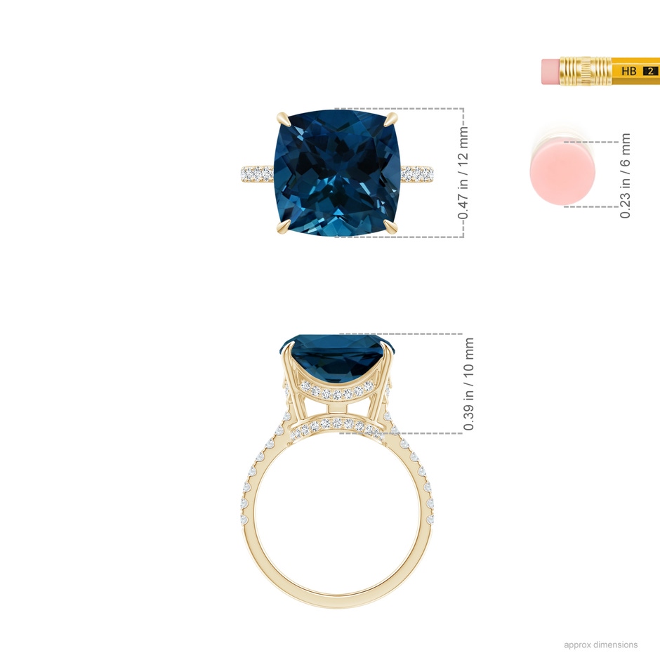 12.14x12.14x8.42mm AAA GIA Certified Cushion London Blue Topaz Ring with Diamonds in Yellow Gold ruler