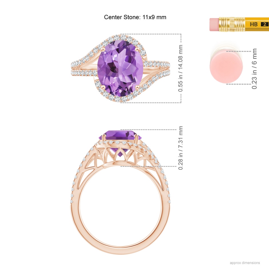 11x9mm A Oval Amethyst Bypass Cocktail Ring with Diamonds in Rose Gold ruler