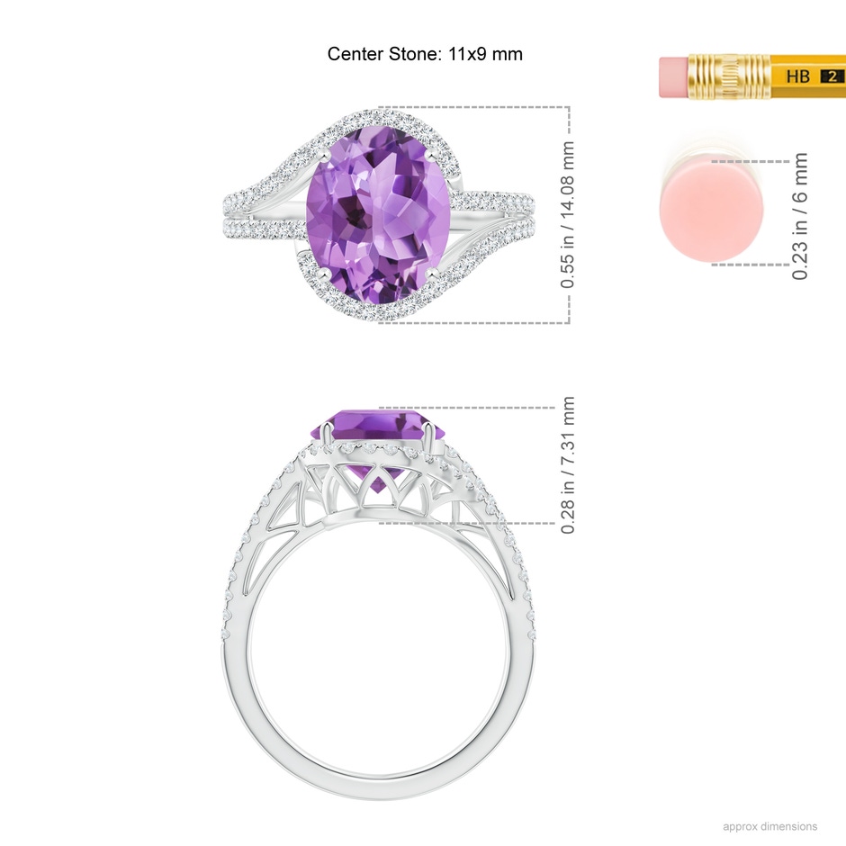 11x9mm A Oval Amethyst Bypass Cocktail Ring with Diamonds in White Gold ruler