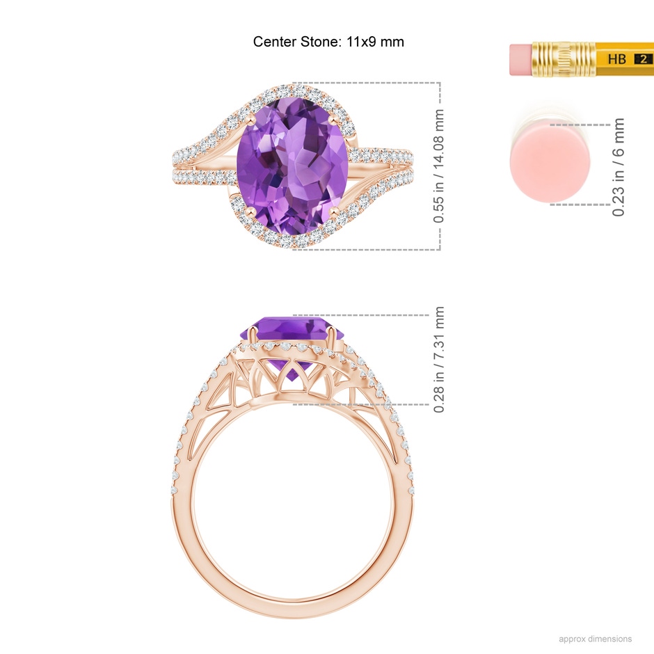 11x9mm AA Oval Amethyst Bypass Cocktail Ring with Diamonds in Rose Gold ruler