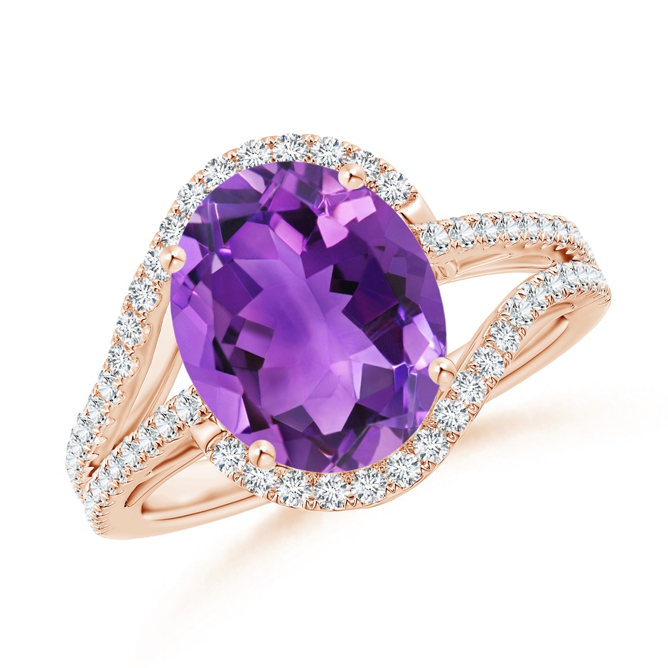 11x9mm AAA Oval Amethyst Bypass Cocktail Ring with Diamonds in Rose Gold 