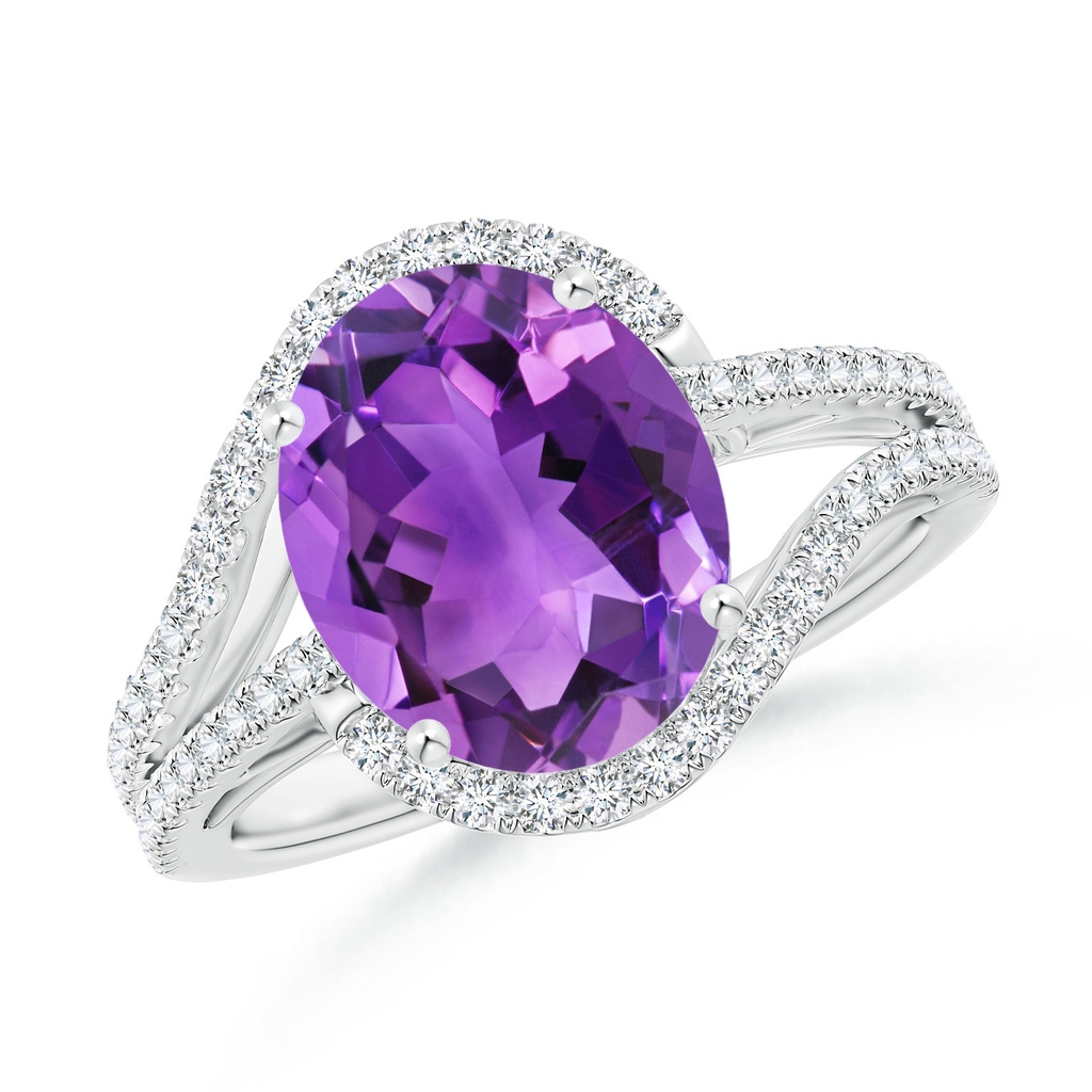 11x9mm AAA Oval Amethyst Bypass Cocktail Ring with Diamonds in White Gold 