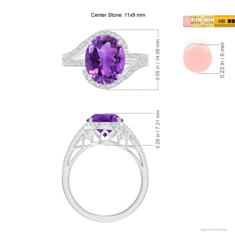 11x9mm AAA Oval Amethyst Bypass Cocktail Ring with Diamonds in White Gold ruler