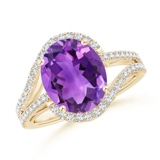 11x9mm AAA Oval Amethyst Bypass Cocktail Ring with Diamonds in Yellow Gold