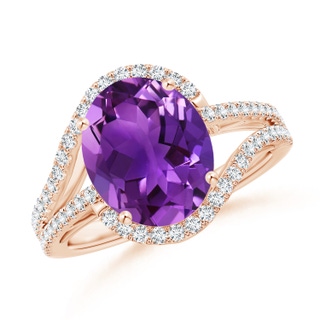 11x9mm AAAA Oval Amethyst Bypass Cocktail Ring with Diamonds in Rose Gold