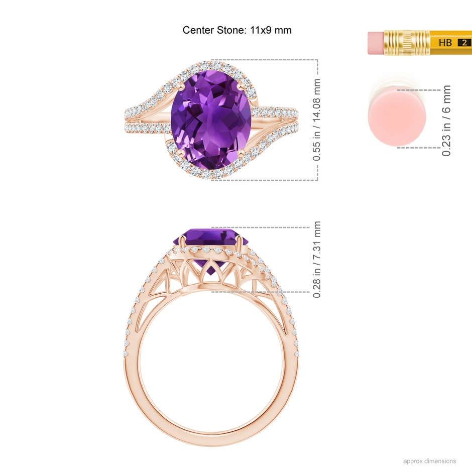 11x9mm AAAA Oval Amethyst Bypass Cocktail Ring with Diamonds in Rose Gold ruler