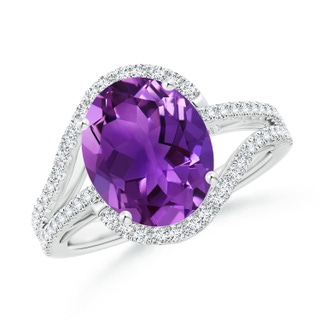 11x9mm AAAA Oval Amethyst Bypass Cocktail Ring with Diamonds in White Gold