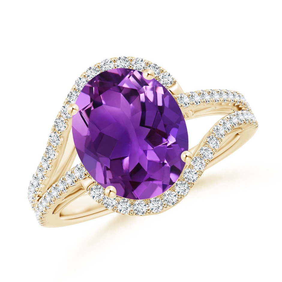 11x9mm AAAA Oval Amethyst Bypass Cocktail Ring with Diamonds in Yellow Gold 
