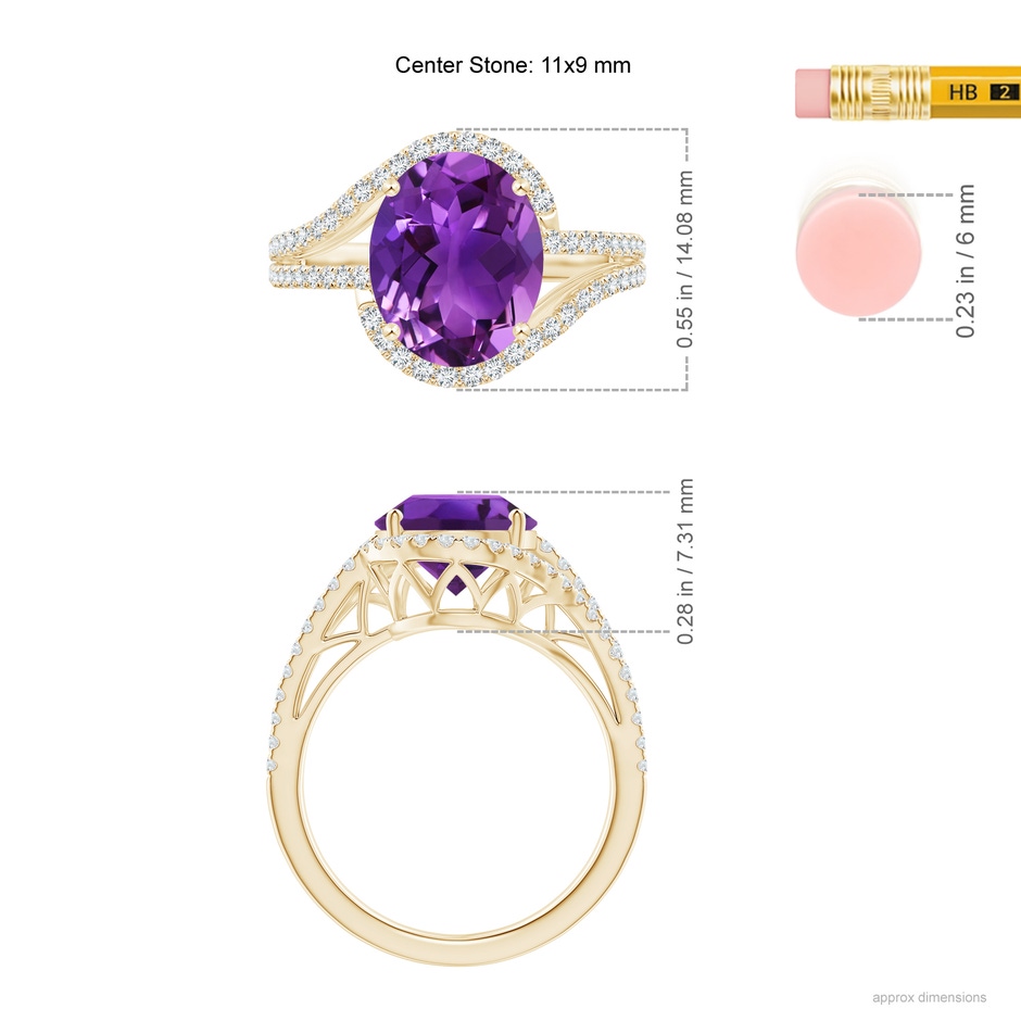 11x9mm AAAA Oval Amethyst Bypass Cocktail Ring with Diamonds in Yellow Gold ruler