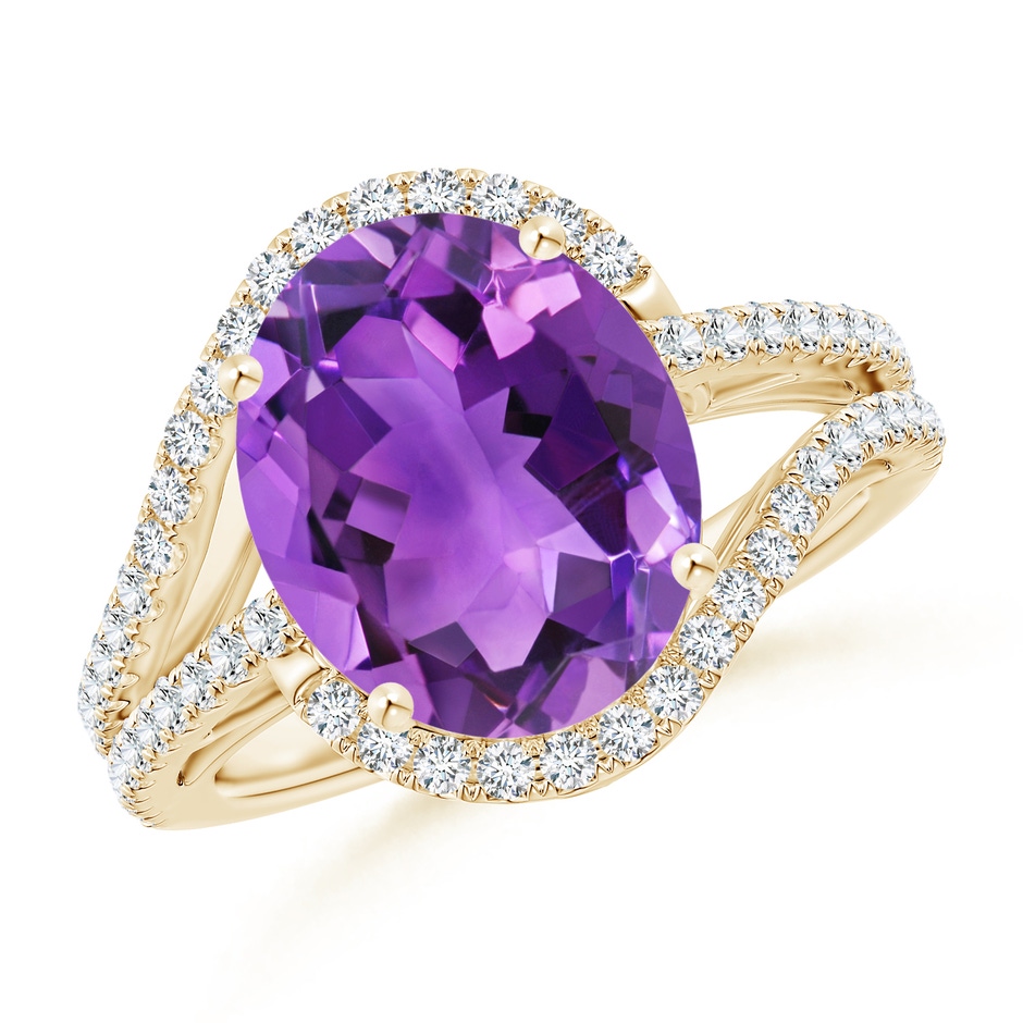 12x10mm AAA Oval Amethyst Bypass Cocktail Ring with Diamonds in Yellow Gold 