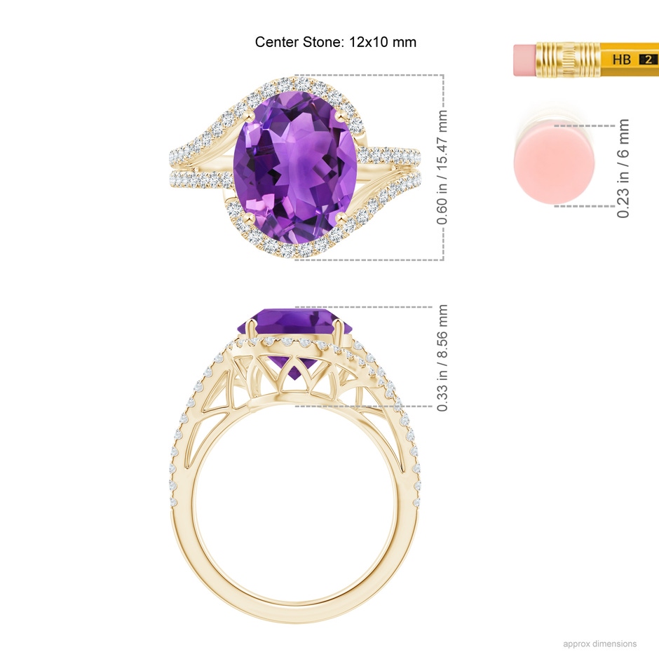 12x10mm AAA Oval Amethyst Bypass Cocktail Ring with Diamonds in Yellow Gold ruler