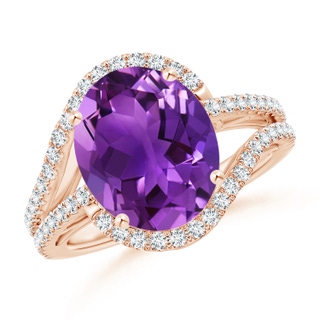 12x10mm AAAA Oval Amethyst Bypass Cocktail Ring with Diamonds in Rose Gold