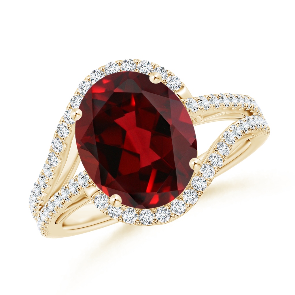 11x9mm AAAA Oval Garnet Bypass Cocktail Ring with Diamonds in Yellow Gold