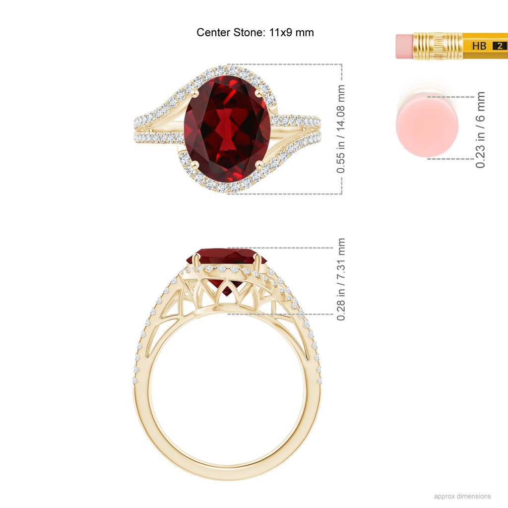11x9mm AAAA Oval Garnet Bypass Cocktail Ring with Diamonds in Yellow Gold Ruler