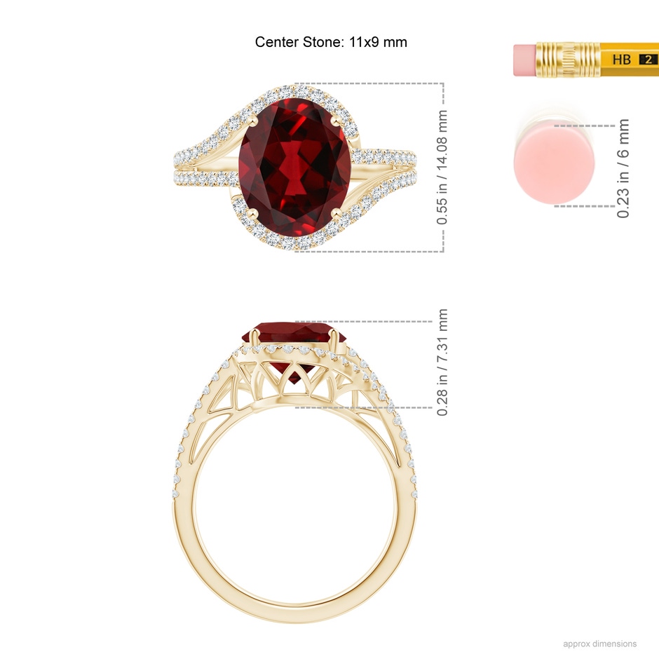 11x9mm AAAA Oval Garnet Bypass Cocktail Ring with Diamonds in Yellow Gold ruler