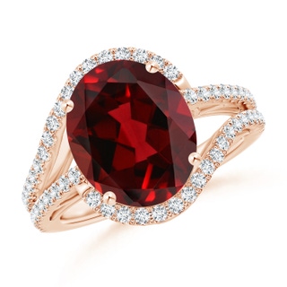 12x10mm AAAA Oval Garnet Bypass Cocktail Ring with Diamonds in Rose Gold