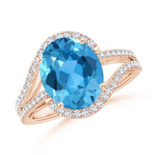 11x9mm AAA Oval Swiss Blue Topaz Bypass Cocktail Ring with Diamonds in Rose Gold