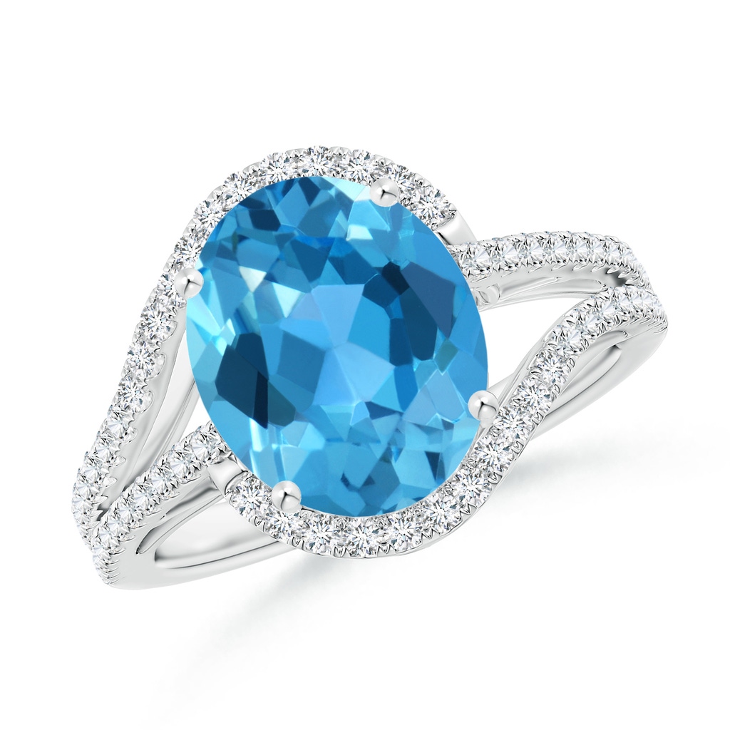 11x9mm AAA Oval Swiss Blue Topaz Bypass Cocktail Ring with Diamonds in White Gold