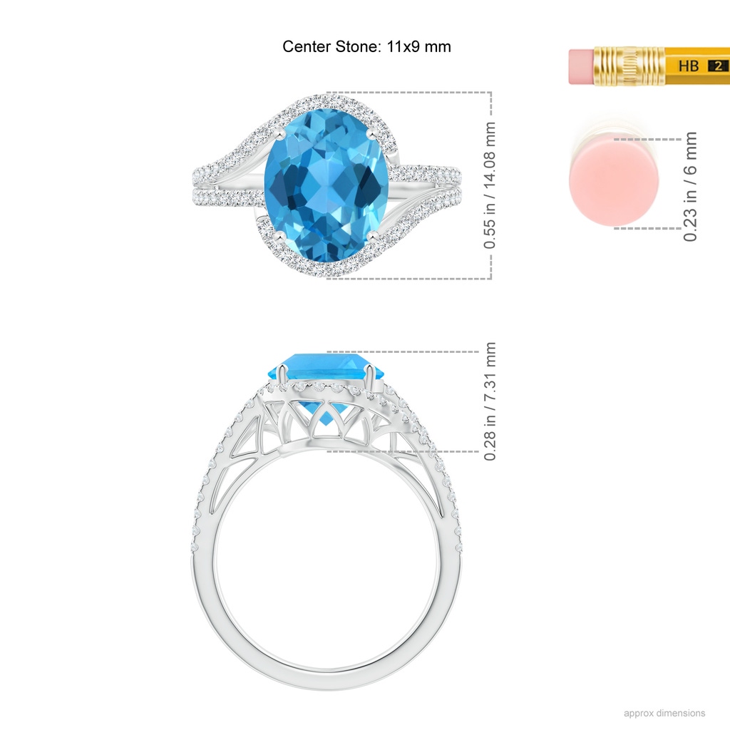 11x9mm AAA Oval Swiss Blue Topaz Bypass Cocktail Ring with Diamonds in White Gold Ruler