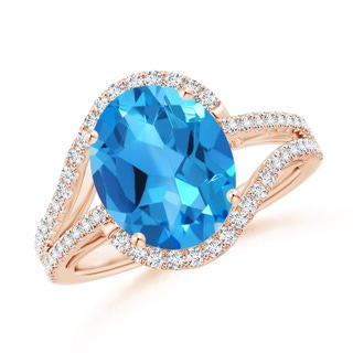 11x9mm AAAA Oval Swiss Blue Topaz Bypass Cocktail Ring with Diamonds in Rose Gold
