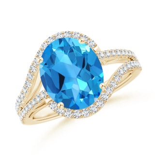 11x9mm AAAA Oval Swiss Blue Topaz Bypass Cocktail Ring with Diamonds in Yellow Gold