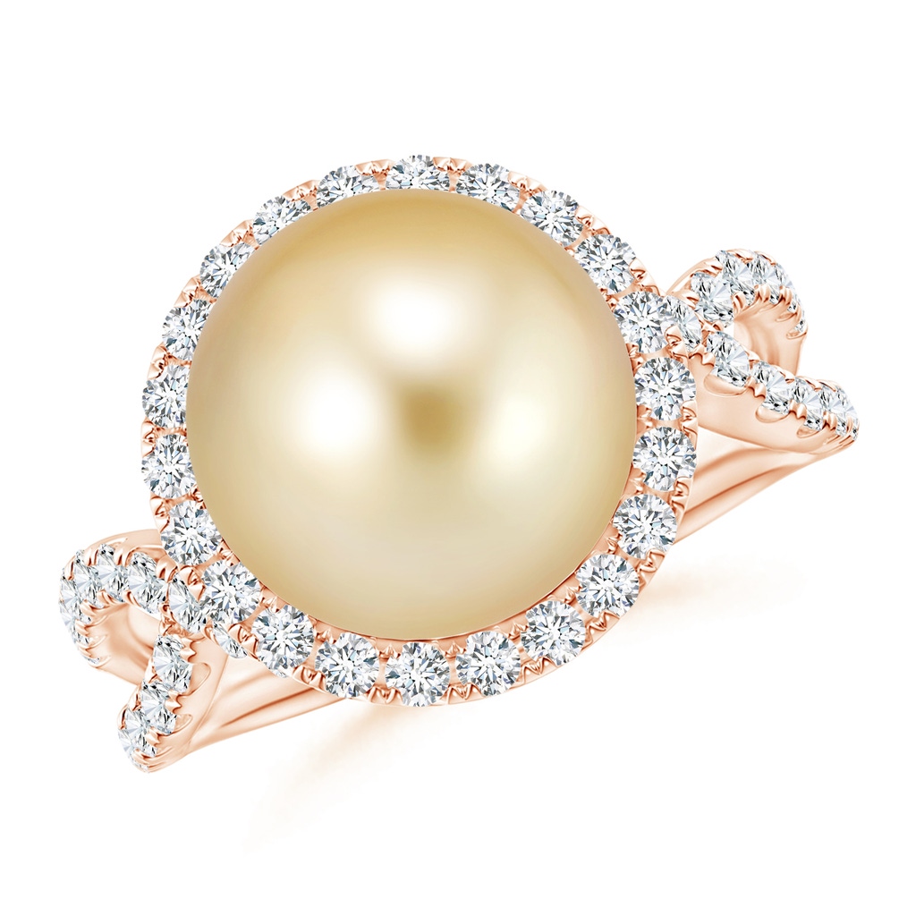 10mm AAAA Golden South Sea Pearl and Diamond Halo Ring in Rose Gold