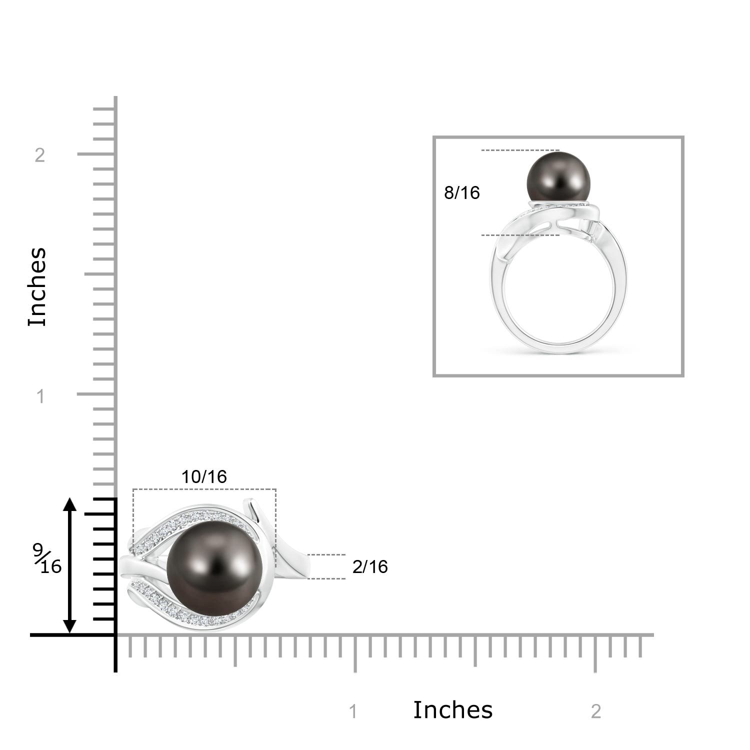 10mm AAA Tahitian Pearl and Diamond Loop Ring in White Gold - ruler