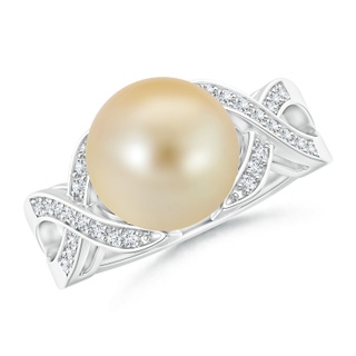 10mm AAA Golden South Sea Cultured Pearl and Diamond Criss Cross Ring in White Gold