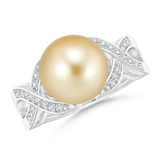 10mm AAAA Golden South Sea Cultured Pearl and Diamond Criss Cross Ring in White Gold