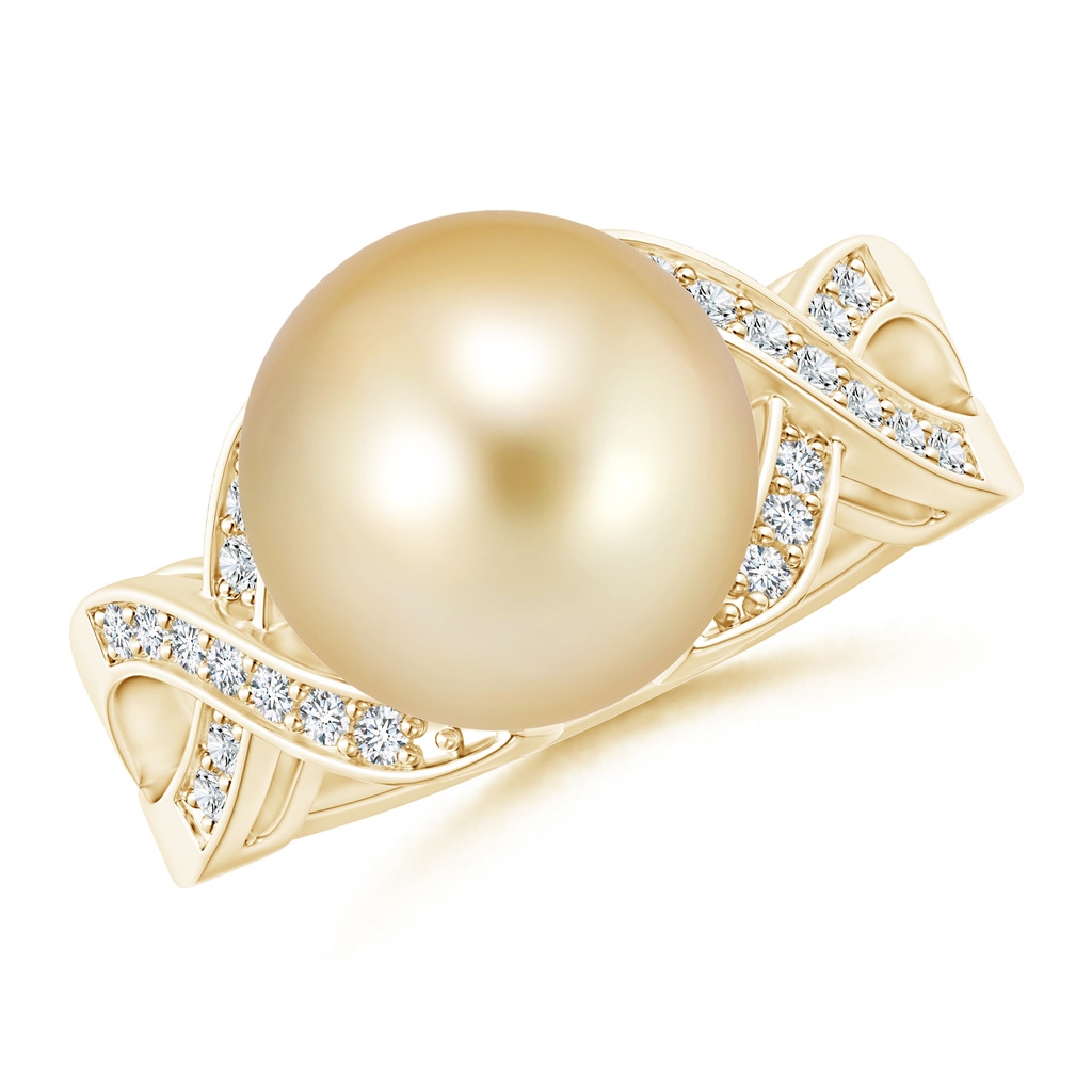 11mm AAAA Golden South Sea Cultured Pearl and Diamond Criss Cross Ring in Yellow Gold