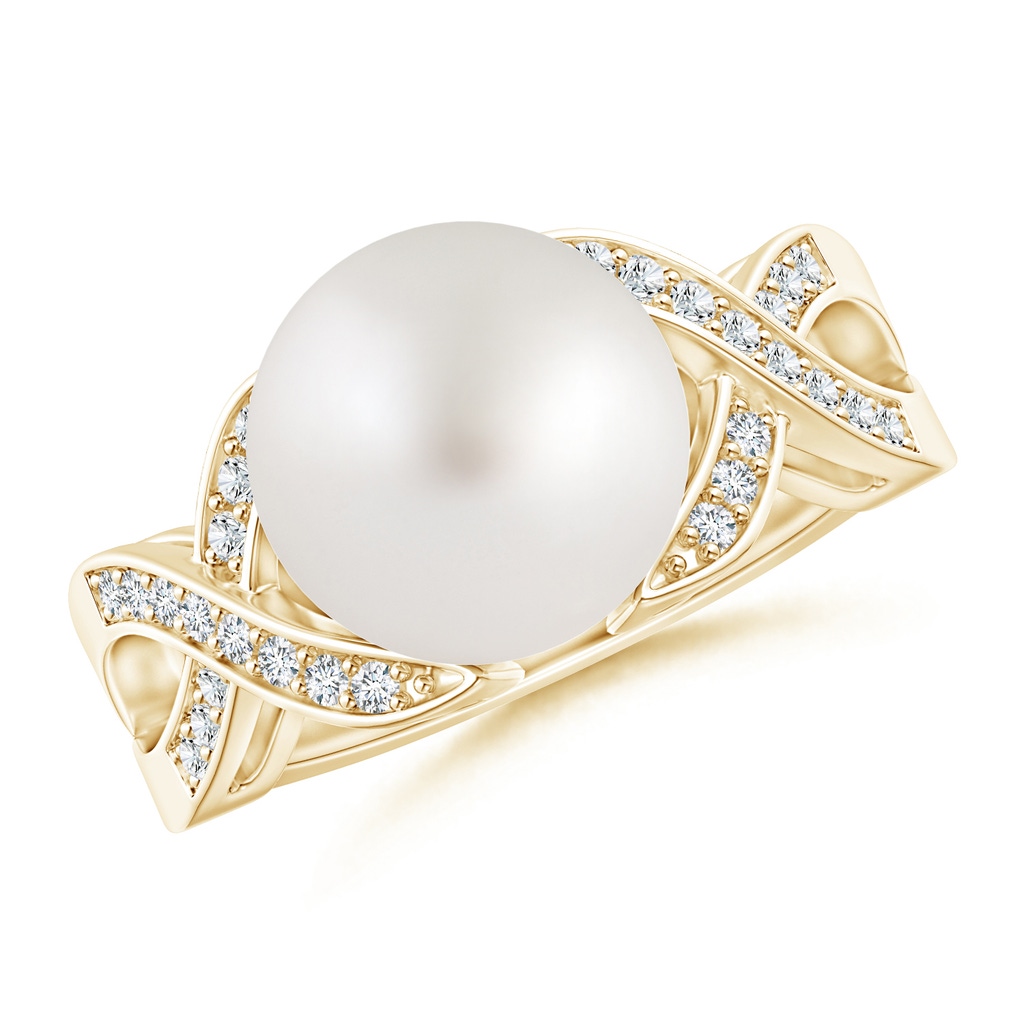 10mm AA South Sea Cultured Pearl and Diamond Criss Cross Ring in Yellow Gold