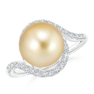 10mm AAAA Golden South Sea Cultured Pearl and Diamond Swirl Bypass Ring in White Gold