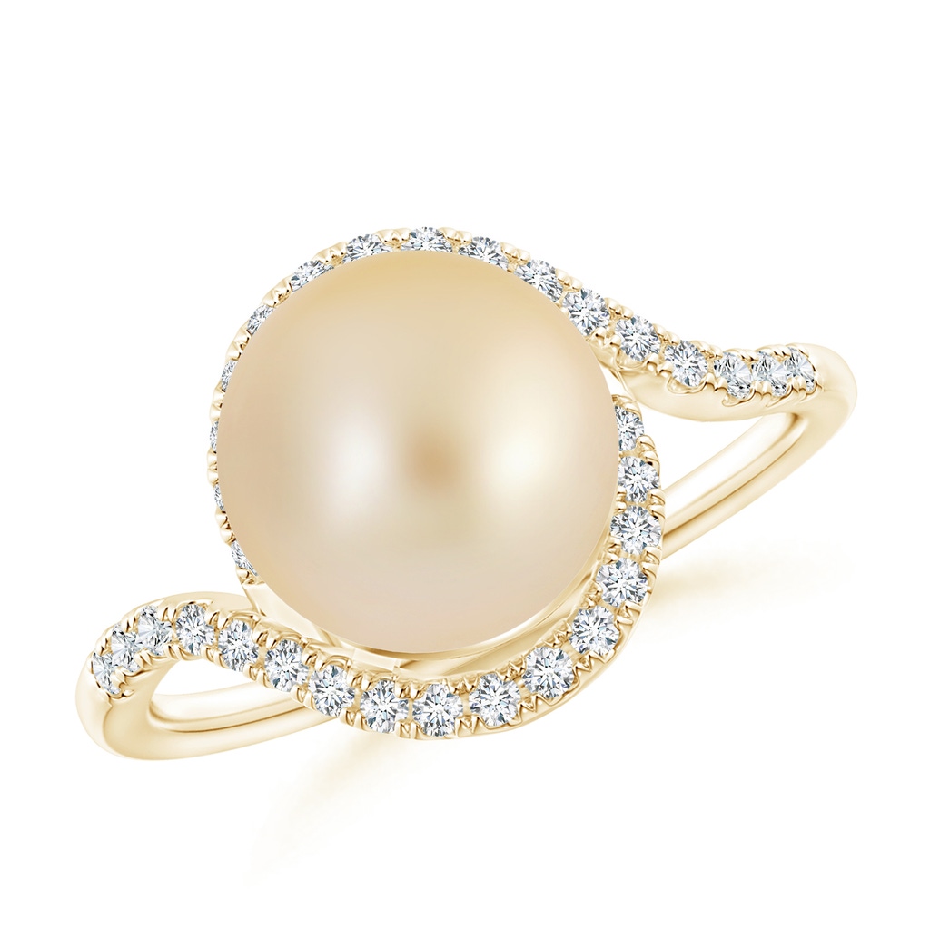 9mm AA Golden South Sea Cultured Pearl and Diamond Swirl Bypass Ring in Yellow Gold