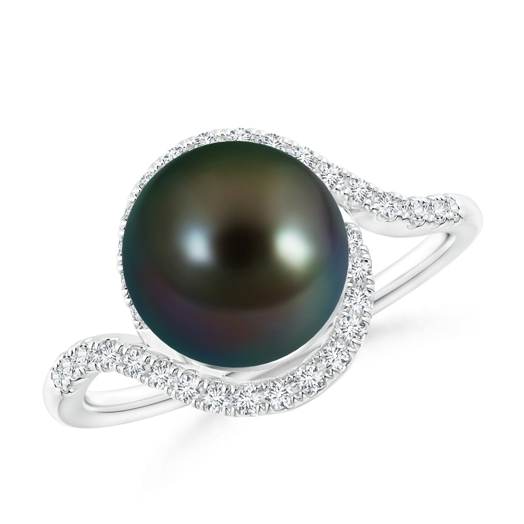 9mm AAAA Tahitian Cultured Pearl and Diamond Swirl Bypass Ring in White Gold