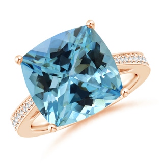 12.12x12x7.87mm AAAA GIA Certified Cushion Aquamarine Reverse Tapered Shank Ring in 10K Rose Gold