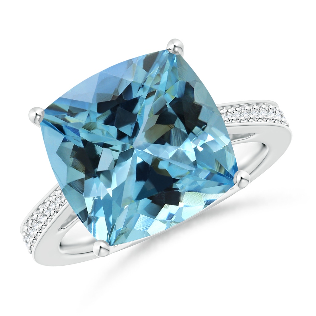 12.12x12x7.87mm AAAA GIA Certified Cushion Aquamarine Reverse Tapered Shank Ring in 18K White Gold