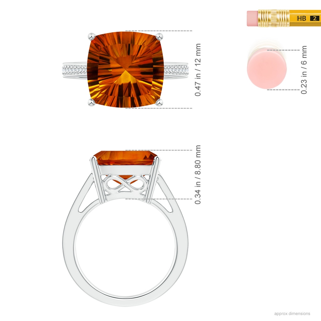 12.13x12.13x7.66mm AAAA GIA Certified Cushion Citrine Reverse Tapered Shank Ring in 18K White Gold ruler
