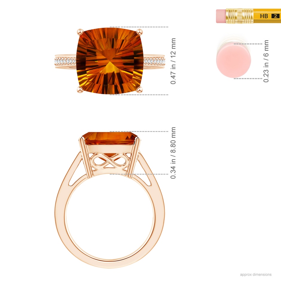 12.13x12.13x7.66mm AAAA GIA Certified Cushion Citrine Reverse Tapered Shank Ring in Rose Gold ruler