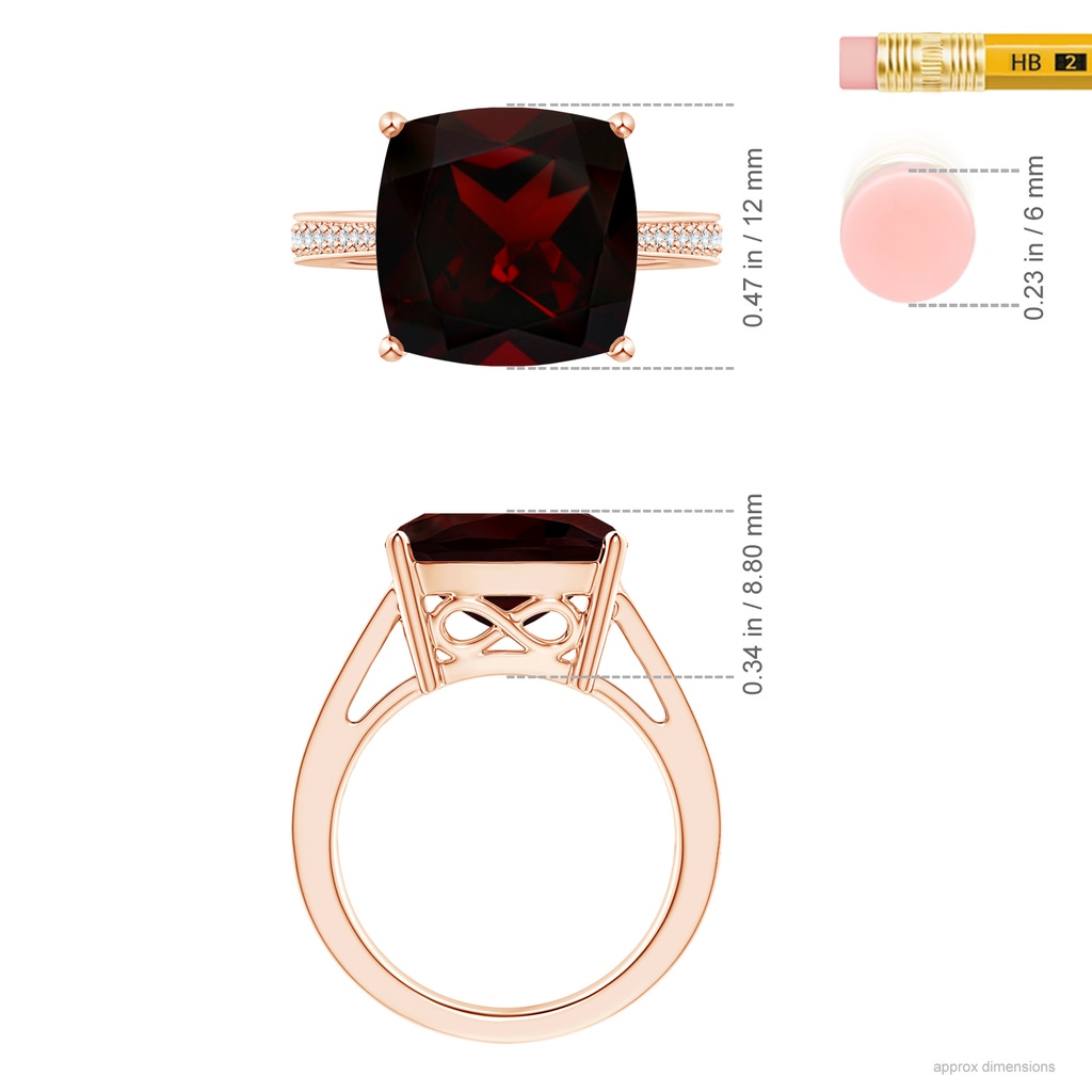 12.07x12.05x6.67mm AAA GIA Certified Cushion Garnet Reverse Tapered Shank Ring in 18K Rose Gold ruler