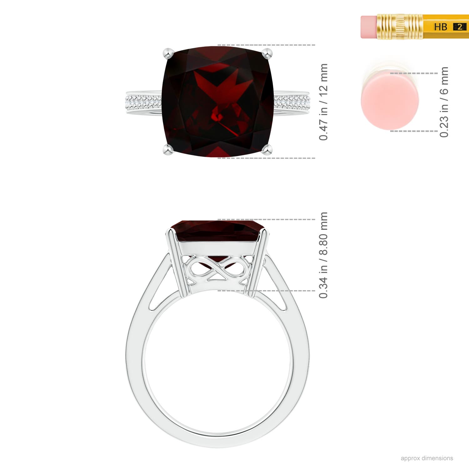 12.07x12.05x6.67mm AAA GIA Certified Cushion Garnet Reverse Tapered Shank Ring in White Gold - ruler