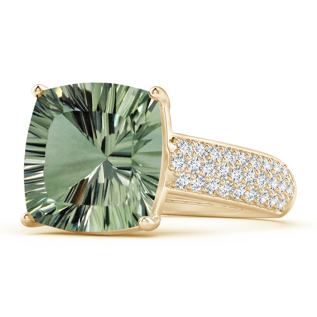 12.14x12.13x7.95mm AAA GIA Certified Cushion Green Amethyst Ring with Pave-Set Diamonds in Yellow Gold