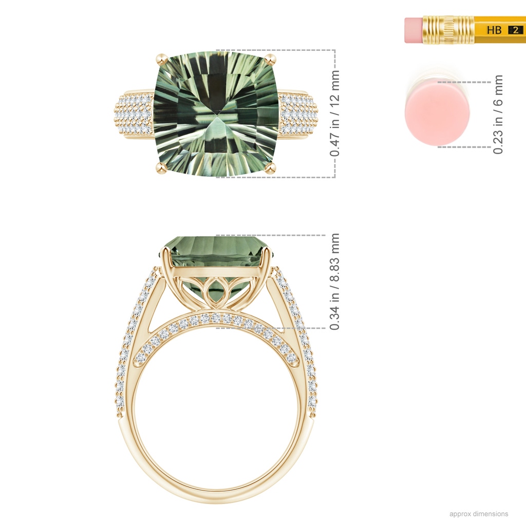 12.14x12.13x7.95mm AAA GIA Certified Cushion Green Amethyst Ring with Pave-Set Diamonds in Yellow Gold ruler