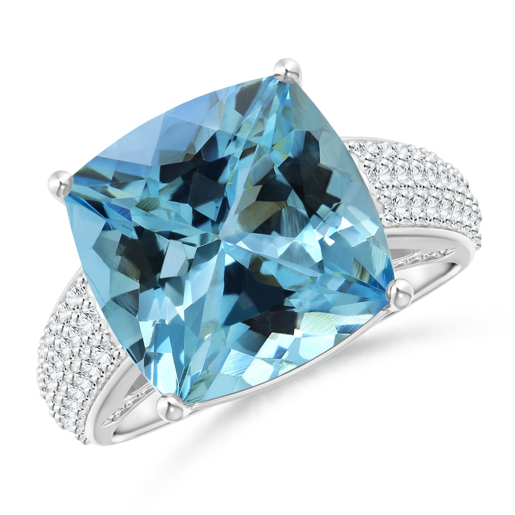 12.12x12x7.87mm AAAA GIA Certified Cushion Aquamarine Ring with Pave-Set Diamonds in 18K White Gold