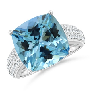 12.12x12x7.87mm AAAA GIA Certified Cushion Aquamarine Ring with Pave-Set Diamonds in 18K White Gold