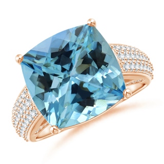 12.12x12x7.87mm AAAA GIA Certified Cushion Aquamarine Ring with Pave-Set Diamonds in 9K Rose Gold