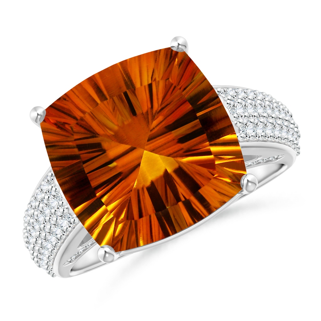 12.13x12.13x7.66mm AAAA GIA Certified Cushion Citrine Ring with Pave-Set Diamonds in 18K White Gold 