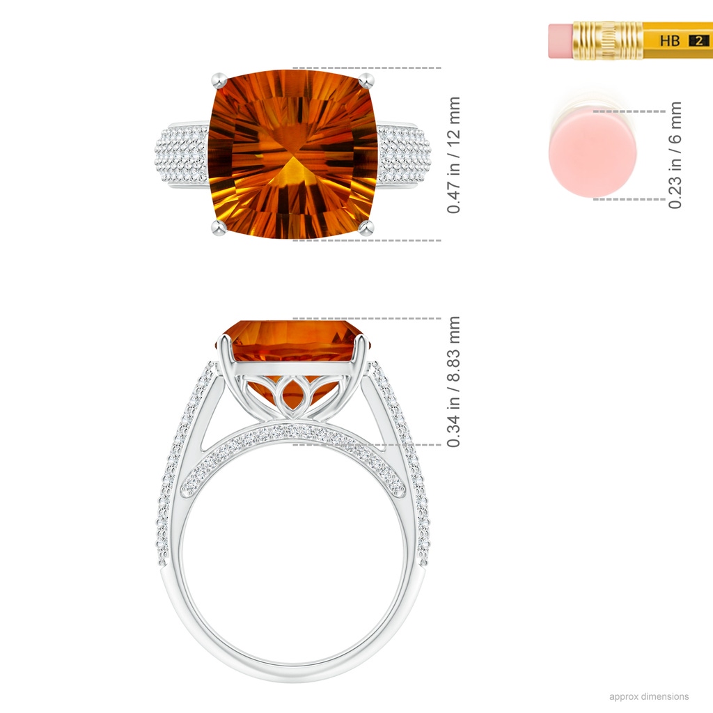 12.13x12.13x7.66mm AAAA GIA Certified Cushion Citrine Ring with Pave-Set Diamonds in 18K White Gold ruler